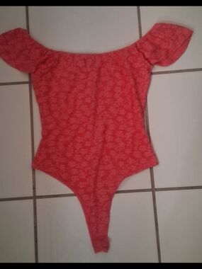 Trixxi Coral Pink Off-Shoulder One-Piece Bodysuit